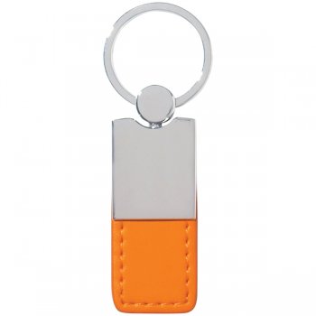 Custom Metal/ Simulated Leather Keychains - Silver/ Orange 